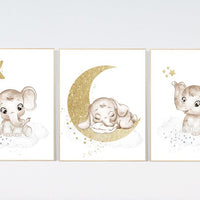 Nursery wall art grey, gray gold nursery, elephant nursery, nursery decor neutral, baby room decor gender neutral, moon and stars, grey gold