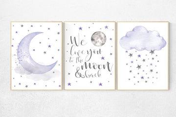 CANVAS PRINTS; Canvas Listing, Nursery decor girl lavender and gray, Nursery decor girl purple, lilac, we love you to the moon and back