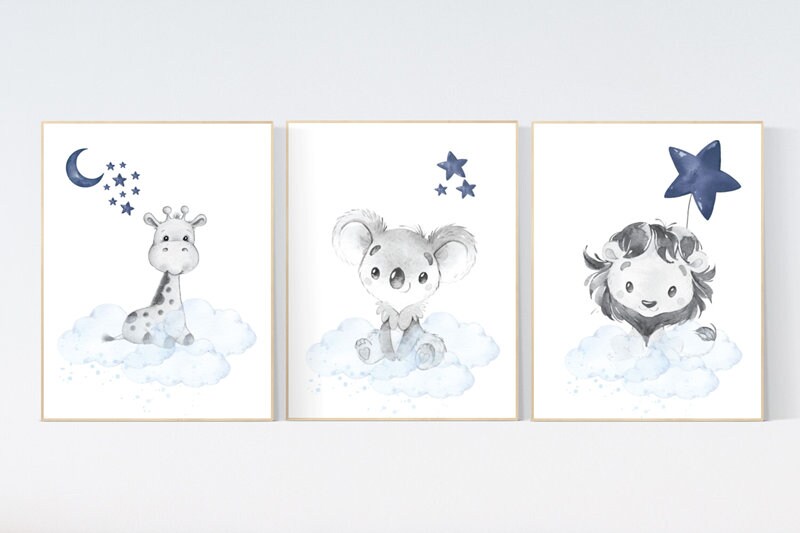 Nursery decor boys animals, giraffe, lion, koala, nursery prints, navy nursery, navy blue nursery, baby room wall art, woodland animal print