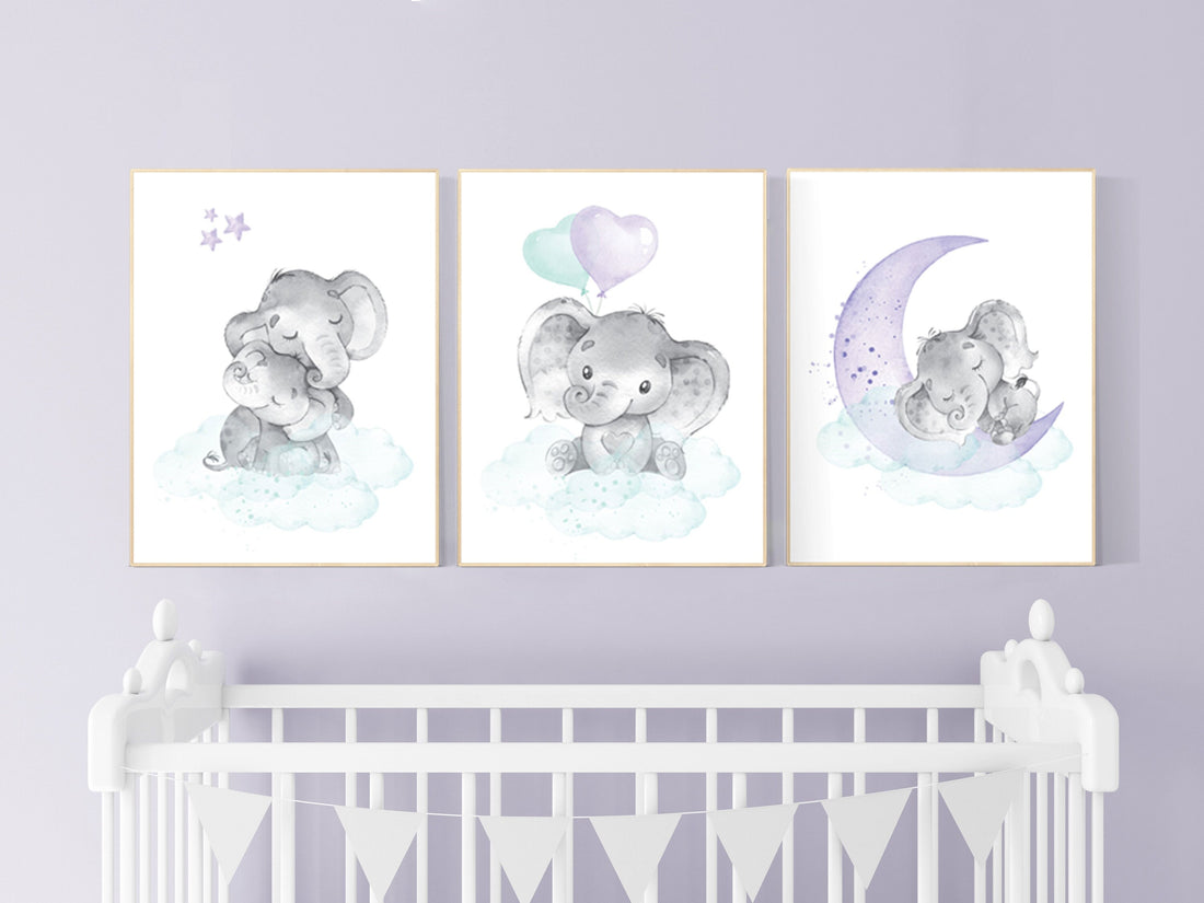 Nursery decor girl purple teal, elephant nursery, nursery decor girl purple, lilac, lavender, mint, nursery decor elephant, girl nursery