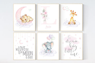 Nursery decor girl, floral jungle, nursery decor animals, Nursery wall art girl elephant, giraffe, bear, pink, purple, girl nursery art