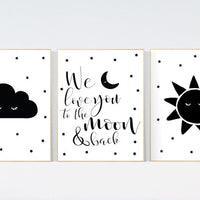 Black white nursery, gender neutral, Moon Cloud Stars sun, Cloud and Star Nursery, black and white nursery, we love you to the moon and back