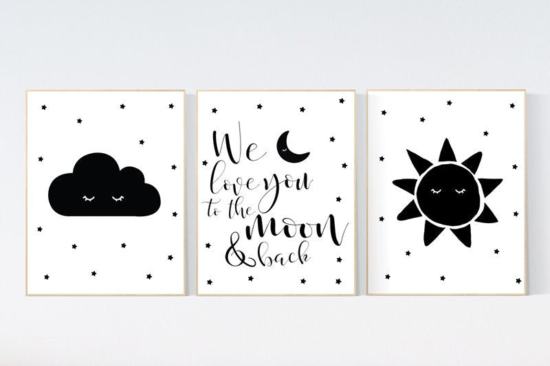 Black white nursery, gender neutral, Moon Cloud Stars sun, Cloud and Star Nursery, black and white nursery, we love you to the moon and back