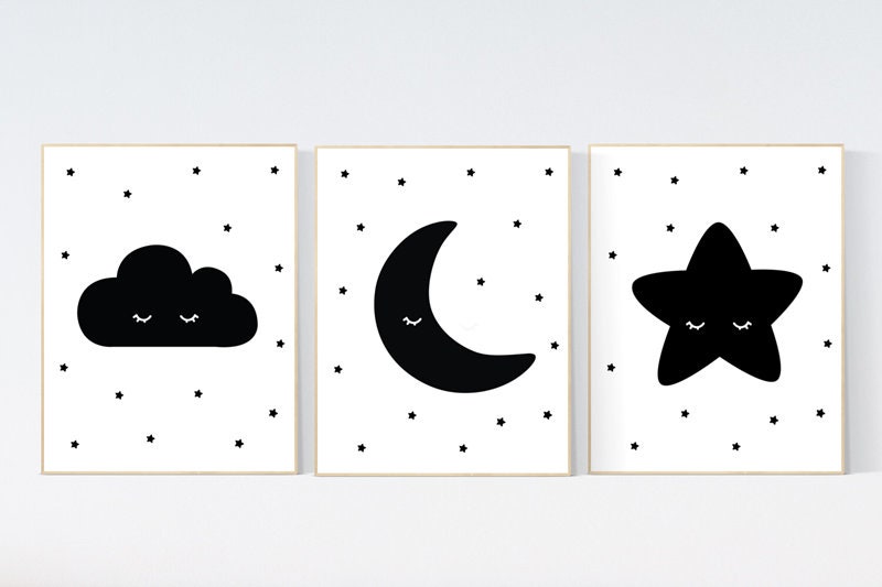 Nursery wall art black, nursery decor gender neutral, baby room decor, cloud, moon and stars, black and white nursery wall decor, twins