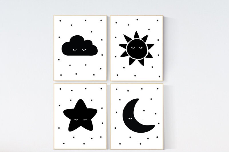 Nursery wall art black and white, gender neutral, baby room decor, sun, cloud, moon and stars, black white, nursery wall decor, twin nursery