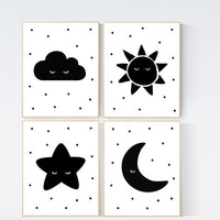 Nursery wall art black and white, gender neutral, baby room decor, sun, cloud, moon and stars, black white, nursery wall decor, twin nursery