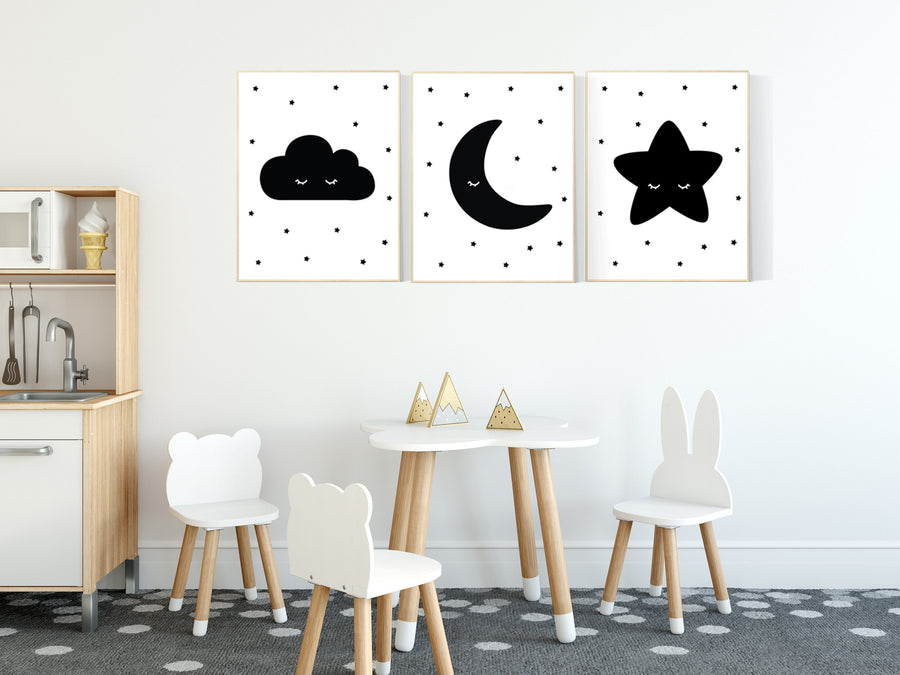Nursery wall art black, nursery decor gender neutral, baby room decor, cloud, moon and stars, black and white nursery wall decor, twins