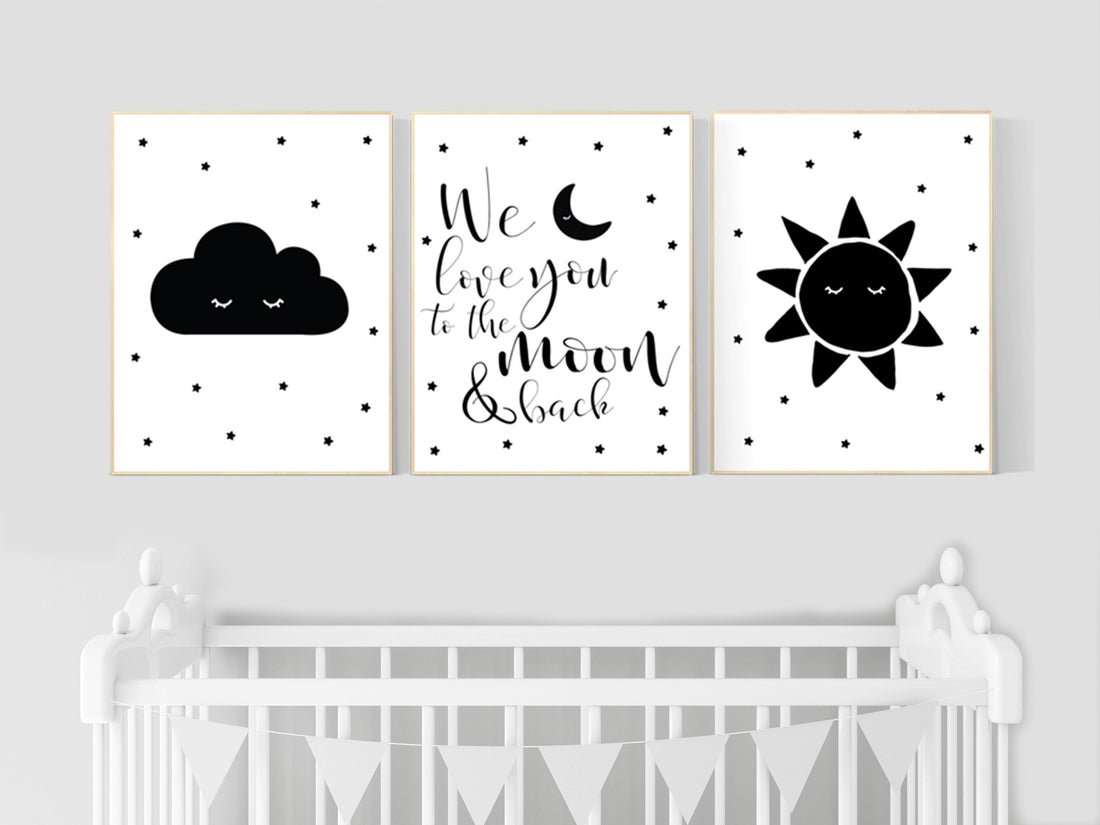 Black white nursery, gender neutral, Moon Cloud Stars sun, Cloud and Star Nursery, black and white nursery, we love you to the moon and back