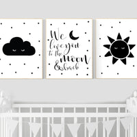 Black white nursery, gender neutral, Moon Cloud Stars sun, Cloud and Star Nursery, black and white nursery, we love you to the moon and back