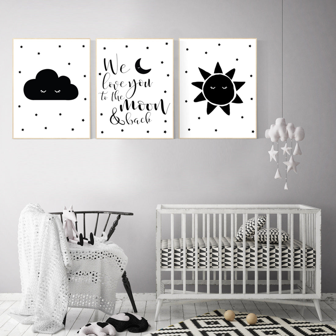 Black white nursery, gender neutral, Moon Cloud Stars sun, Cloud and Star Nursery, black and white nursery, we love you to the moon and back