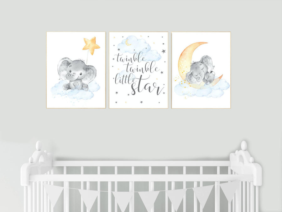Gender neutral nursery, elephant nursery. nursery decor neutral, cloud and stars, baby room art, Twinkle twinkle little star, gender neutral