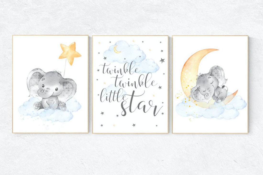 Gender neutral nursery, elephant nursery. nursery decor neutral, cloud and stars, baby room art, Twinkle twinkle little star, gender neutral