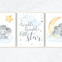 Gender neutral nursery, elephant nursery. nursery decor neutral, cloud and stars, baby room art, Twinkle twinkle little star, gender neutral