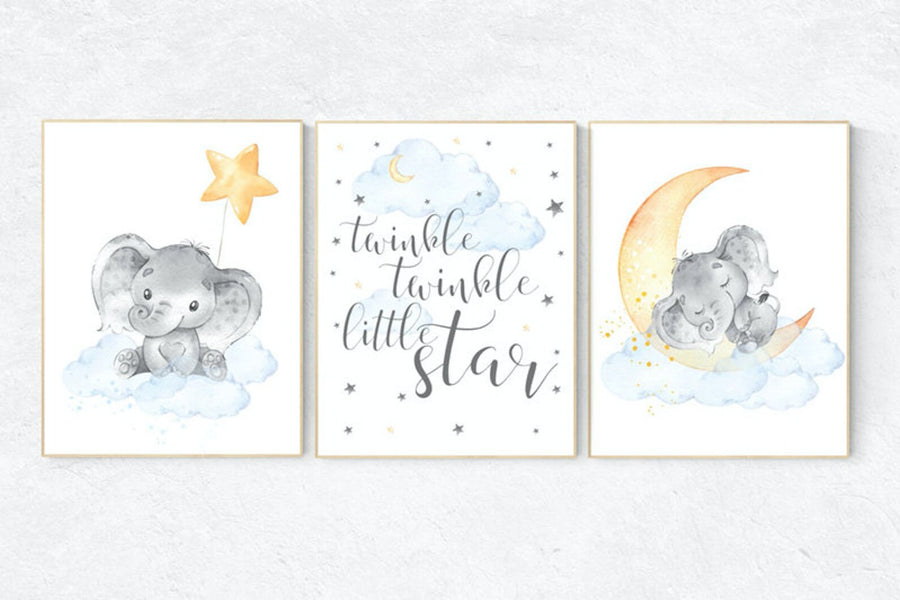 Gender neutral nursery, elephant nursery. nursery decor neutral, cloud and stars, baby room art, Twinkle twinkle little star, gender neutral