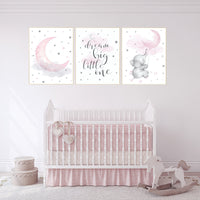 Nursery wall art girl elephant, pink nursery decor girl, dream big little one, nursery prints, pink grey, pink gray, girl nursery ideas