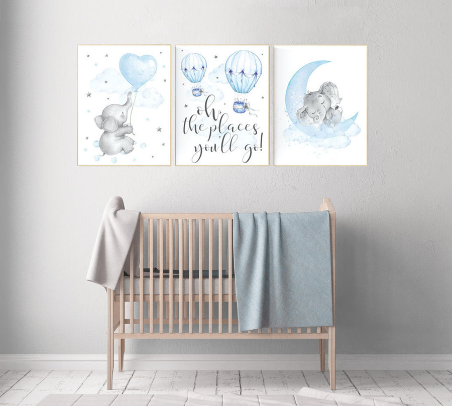 Nursery decor elephant, Nursery decor boy hot air balloon, oh the places you'll go, hot air balloon nursery, blue and gray nursery, elephant