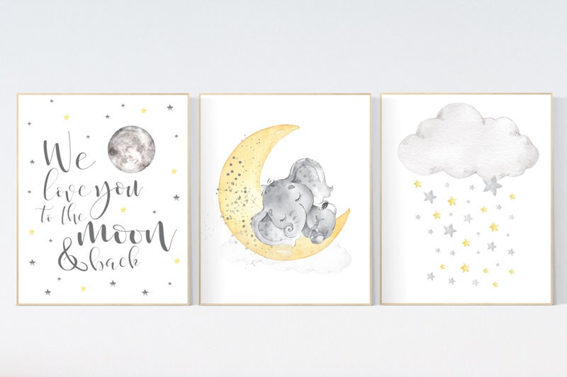 Nursery decor neutral, Yellow nursery, nursery wall art elephant, moon, stars, gender neutral, yellow and gray nursery art, baby room art