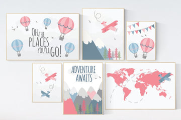 Nursery decor girl adventure, adventure awaits, girl nursery decor, nursery prints mountain, mountain wall art, travel themed nursery girl
