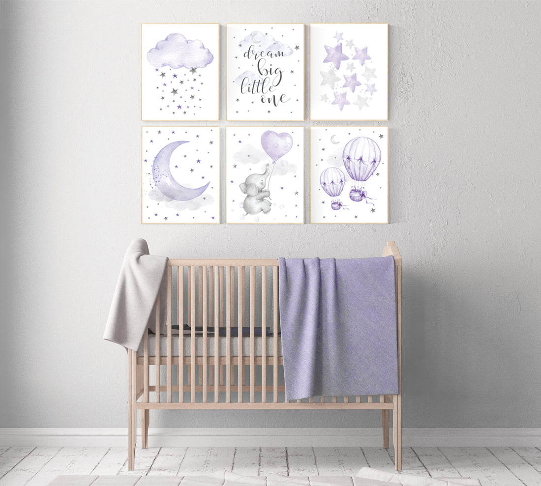 Nursery decor girl purple , elephant nursery, lilac, hot air balloon, animal nursery, lavender nursery, moon, cloud, stars nursery