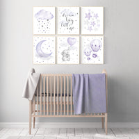 Nursery decor girl purple , elephant nursery, lilac, hot air balloon, animal nursery, lavender nursery, moon, cloud, stars nursery