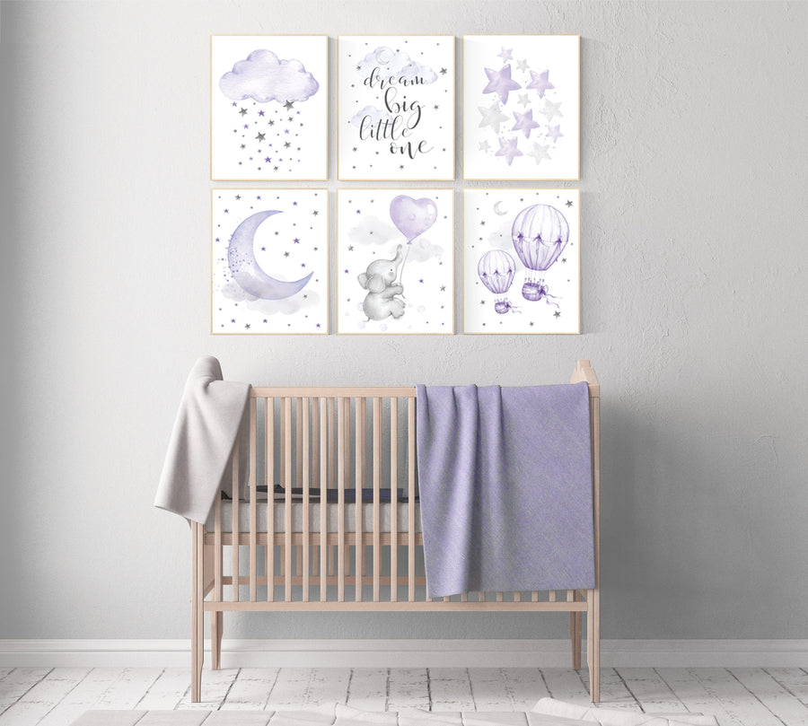Nursery decor girl purple , elephant nursery, lilac, hot air balloon, animal nursery, lavender nursery, moon, cloud, stars nursery