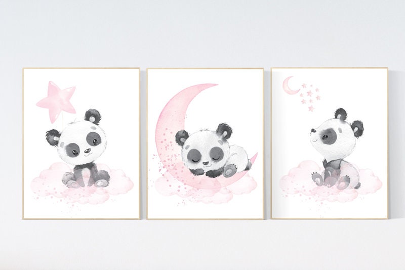 Nursery decor girl, panda nursery, pink and gray nursery wall art, panda nursery print, nursery decor animal, girl nursery wall decor, panda