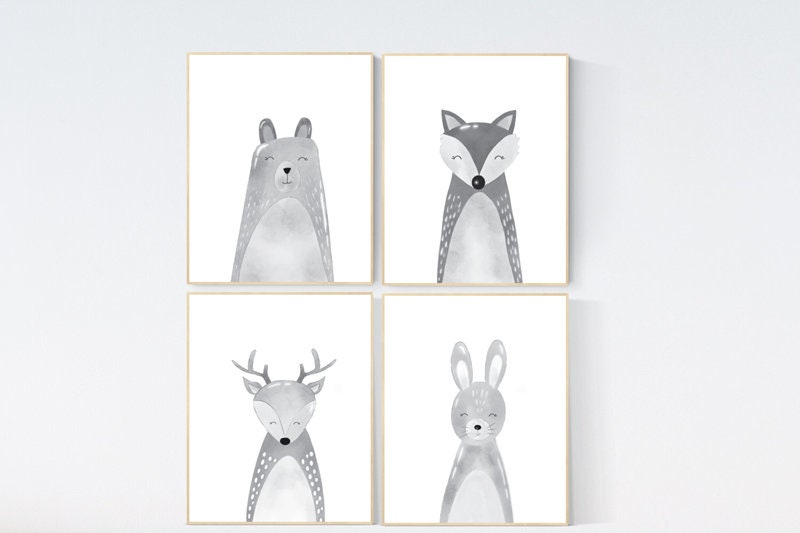 Nursery decor animals, gender neutral, grey nursery wall art, Nursery Animal Print Set, woodland nursery, Safari Animal, gray nursery