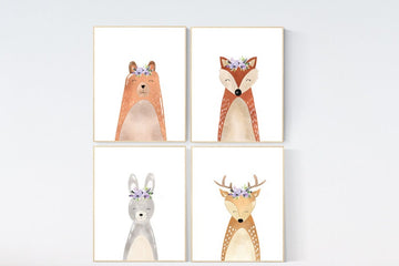 Nursery decor girl woodland, nursery decor girl purple, animal flower crown nursery decor, nursery prints animals, nursery decor girl floral