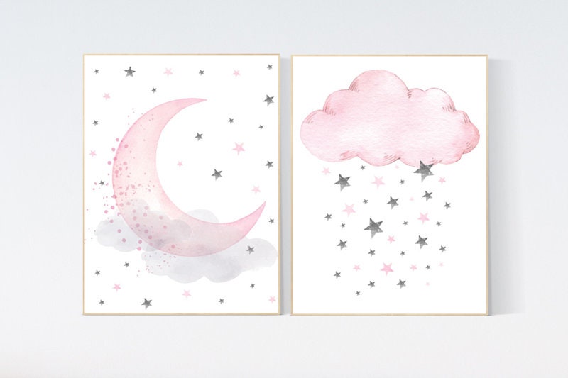 Nursery decor girl, nursery wall art girl pink, pink nursery, girl nursery wall decor, moon print, nursery print, moon and stars nursery art