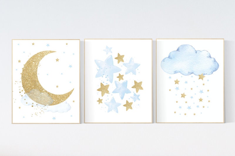 Nursery decor boy, blue and gold nursery, cloud, moon, stars, blue nursery wall art, boy nursery wall art, blue gold prints, boys room
