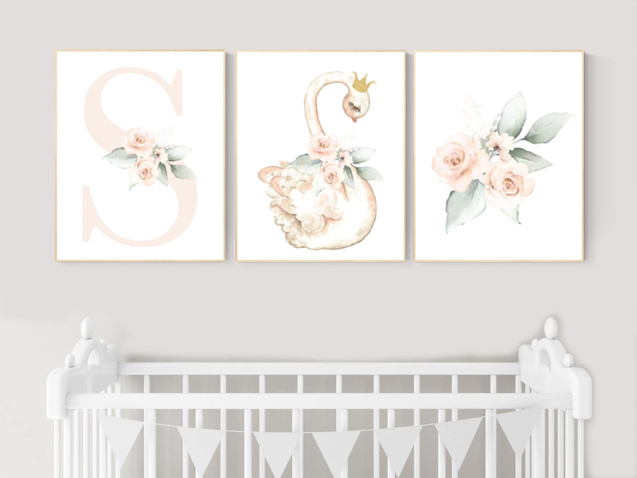 Nursery decor girl blush pink, swan nursery wall art, blush nursery, floral nursery, swan wall prints, flower nursery, swan nursery prints