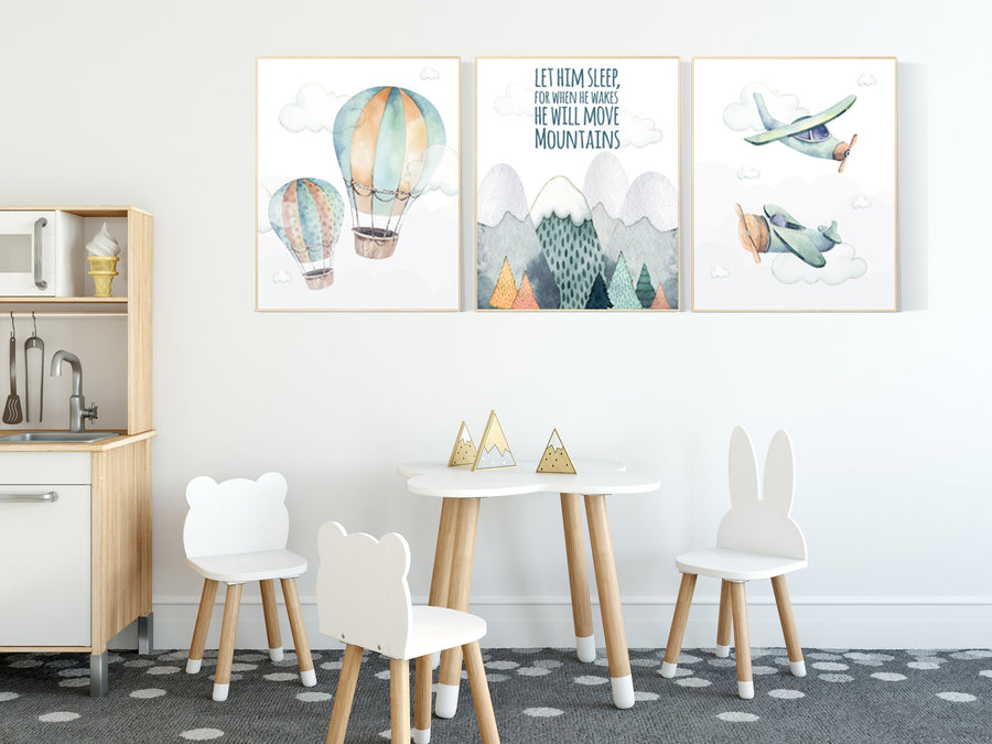 Nursery decor boy mountain, adventure nursery, travel theme nursery, woodland, gender neutral, let him sleep, hot air balloon, plane