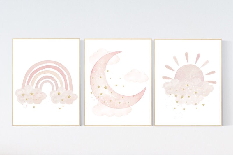 Nursery prints rainbow, blush Nursery decor girl, blush gold nursery wall art, blush pink, moon star, cloud, nursery wall art, sun nursery