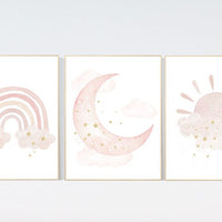 Nursery prints rainbow, blush Nursery decor girl, blush gold nursery wall art, blush pink, moon star, cloud, nursery wall art, sun nursery