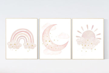 Nursery prints rainbow, blush Nursery decor girl, blush gold nursery wall art, blush pink, moon star, cloud, nursery wall art, sun nursery