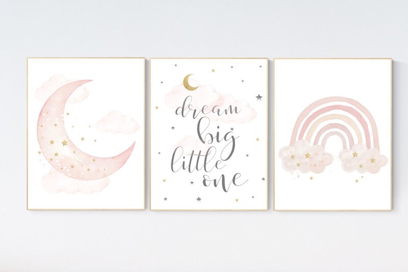 Nursery prints rainbow, blush Nursery decor girl, blush gold nursery wall art, blush pink, moon star, cloud, nursery wall art, sun nursery