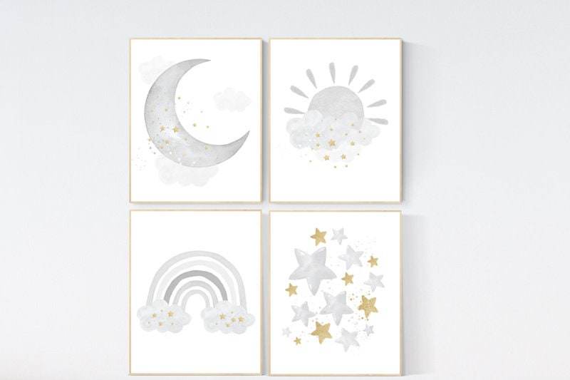 Nursery wall art grey, gray gold  nursery, rainbow nursery decor, baby room decor gender neutral, moon and stars, baby room wall art,