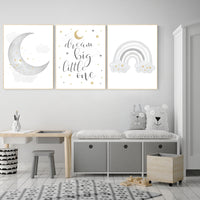 Nursery wall art grey, gray gold nursery, rainbow nursery, nursery decor neutral, baby room decor gender neutral, moon and stars, grey gold