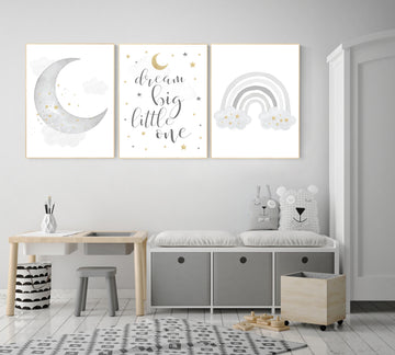 Nursery wall art grey, gray gold nursery, rainbow nursery, nursery decor neutral, baby room decor gender neutral, moon and stars, grey gold