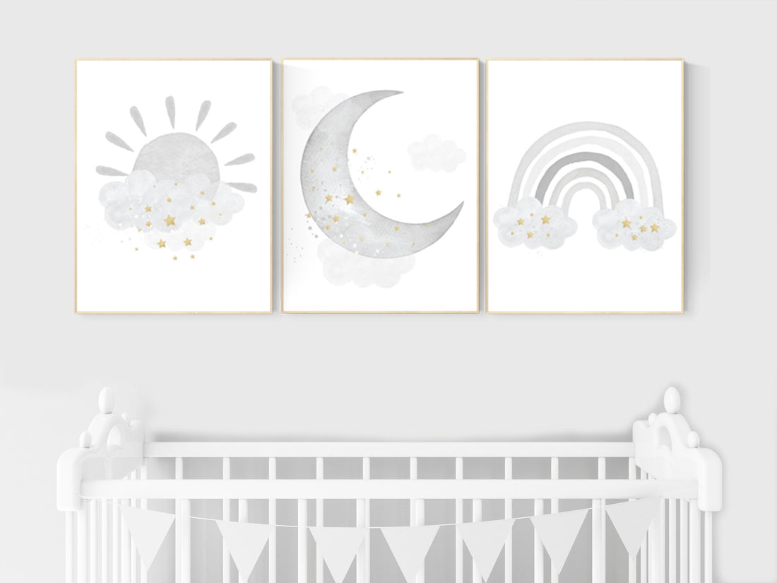 Nursery wall art grey, gray gold nursery, rainbow nursery, nursery decor neutral, baby room decor gender neutral, moon and stars, grey gold