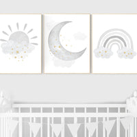 Nursery wall art grey, gray gold nursery, rainbow nursery, nursery decor neutral, baby room decor gender neutral, moon and stars, grey gold