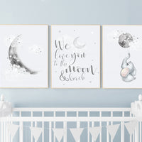 Nursery wall art grey, gray nursery, moon nursery, elephant, gender neutral nursery decor, baby room decor gender, moon and stars