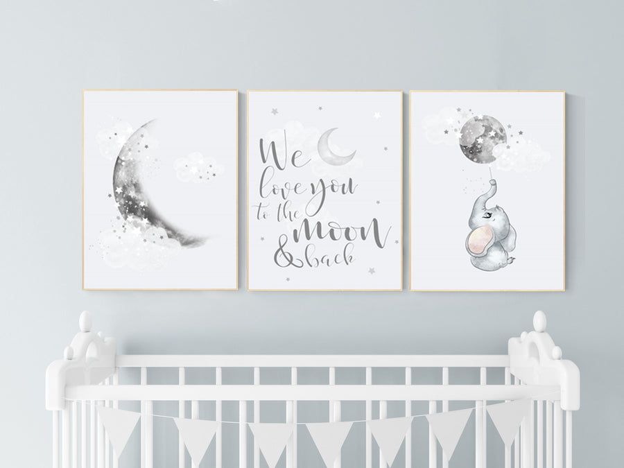 Nursery wall art grey, gray nursery, moon nursery, elephant, gender neutral nursery decor, baby room decor gender, moon and stars