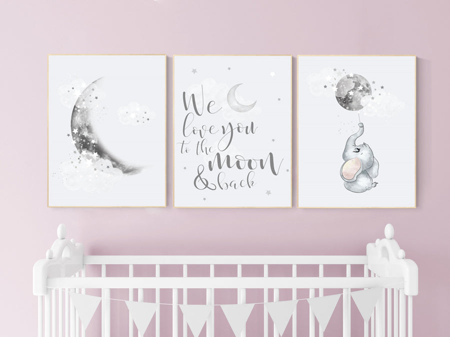 Nursery wall art grey, gray nursery, moon nursery, elephant, gender neutral nursery decor, baby room decor gender, moon and stars