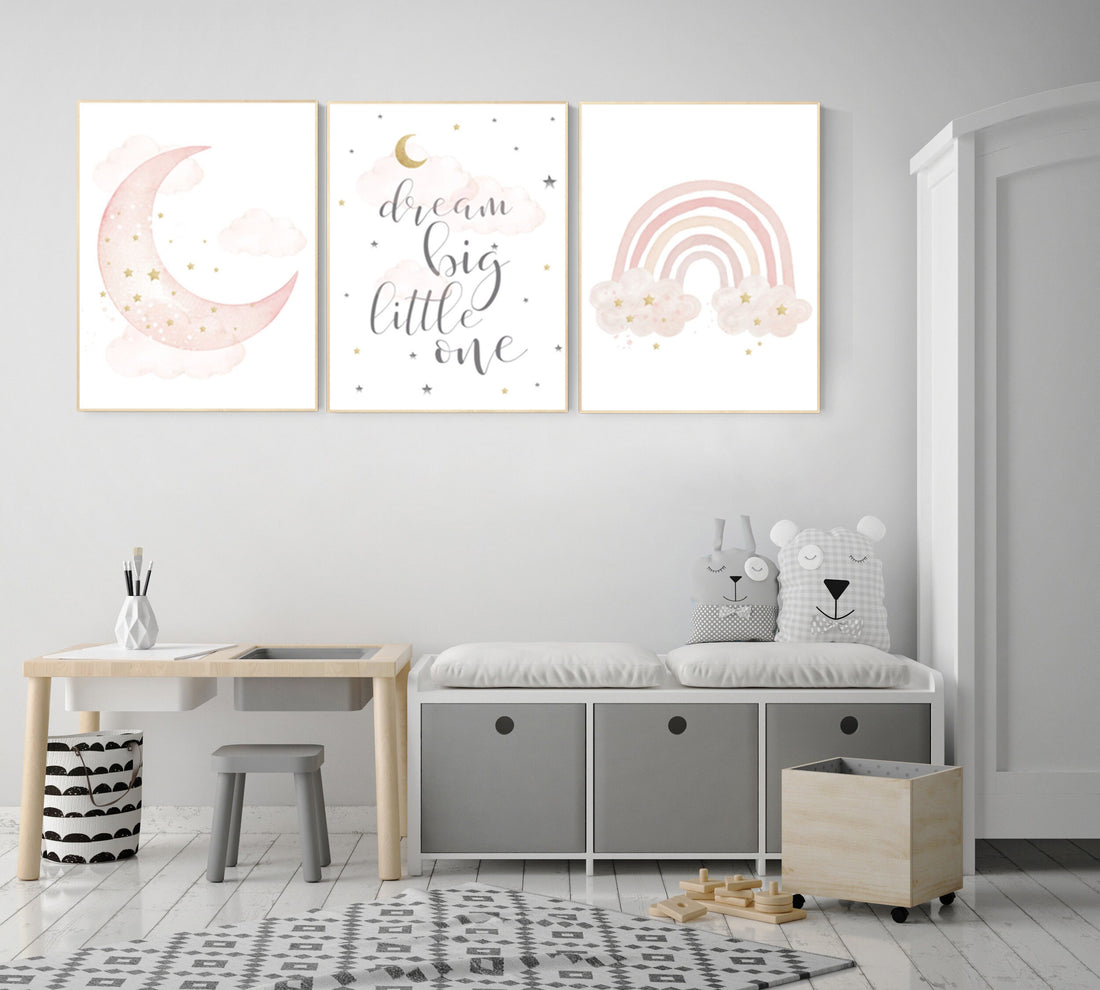 Nursery prints rainbow, blush Nursery decor girl, blush gold nursery wall art, blush pink, moon star, cloud, nursery wall art, sun nursery