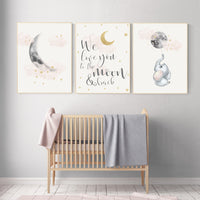 Nursery decor girl, blush gold, moon nursery wall art, elephant wall decor, we love you to the moon and back, blush pink, moon star, cloud