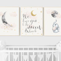 Nursery decor girl, blush gold, moon nursery wall art, elephant wall decor, we love you to the moon and back, blush pink, moon star, cloud