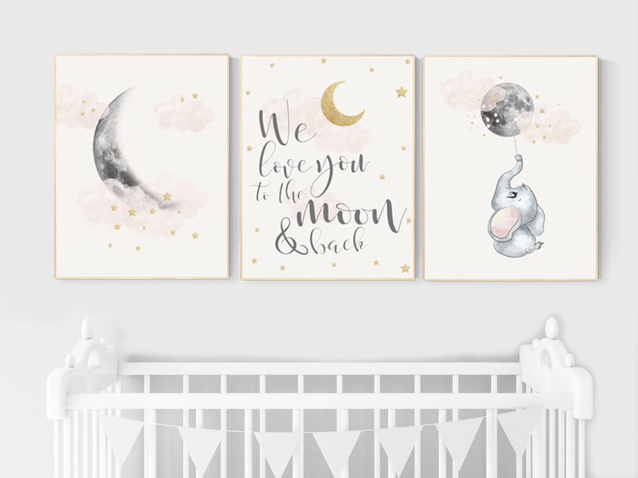 Nursery decor girl, blush gold, moon nursery wall art, elephant wall decor, we love you to the moon and back, blush pink, moon star, cloud