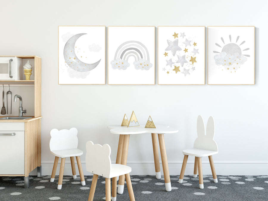 Nursery wall art grey, gray gold  nursery, rainbow nursery decor, baby room decor gender neutral, moon and stars, baby room wall art,