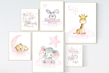 Nursery decor girl woodland, nursery prints set, Nursery decor jungle, nursery prints animal, pink nursery art, elephant giraffe bear bunny